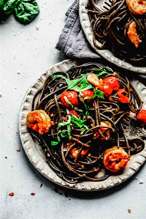 Squid Ink Pasta with Shrimp & Cherry Tomatoes + VIDEO