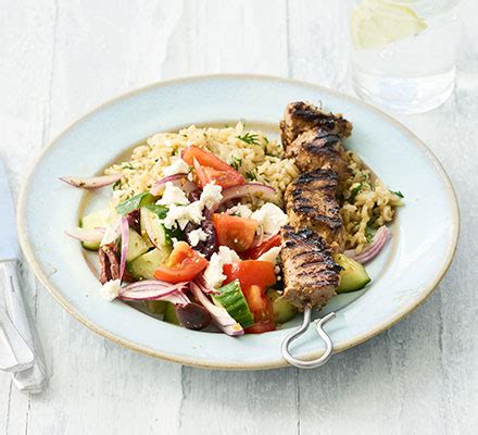 Pork souvlaki with Greek salad & rice recipe | BBC …