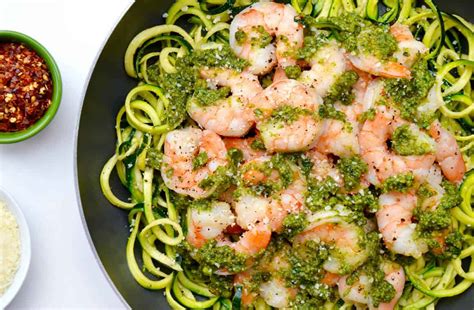 Pesto Zucchini Noodles with Shrimp - Just a Taste