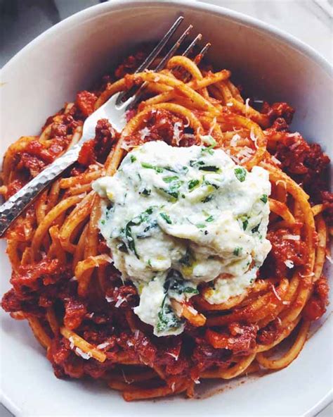 Easy Bucatini Bolognese with Garlic & Herb Whipped …