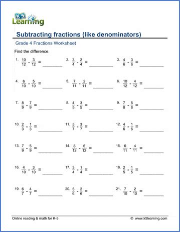 Grade 4 Math Worksheets: Subtracting like fractions | K5 …