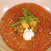 CHILLED ROASTED RED PEPPER SOUP WITH AVOCADO-CHILE SALSA